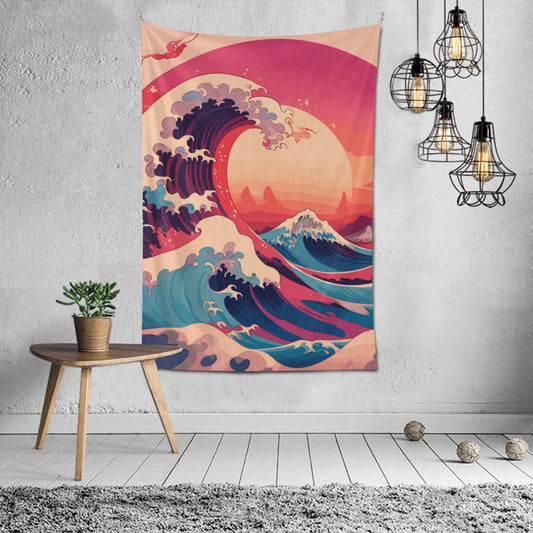 Kanagawa Wave Sunset Tapestry Wall Hanging