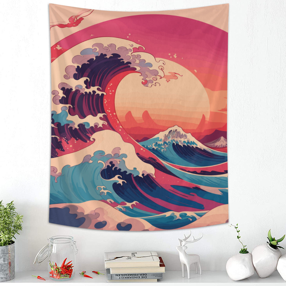 Kanagawa Wave Sunset Tapestry Wall Hanging