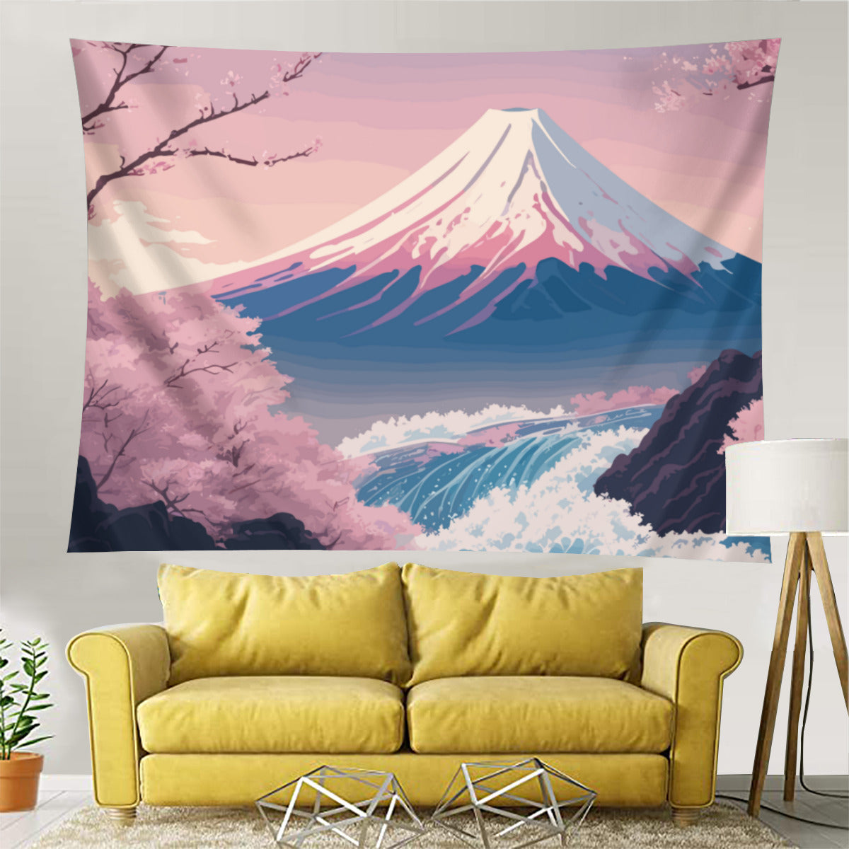 Japanese Mount Fuji Pink Tapestry Wall Hanging