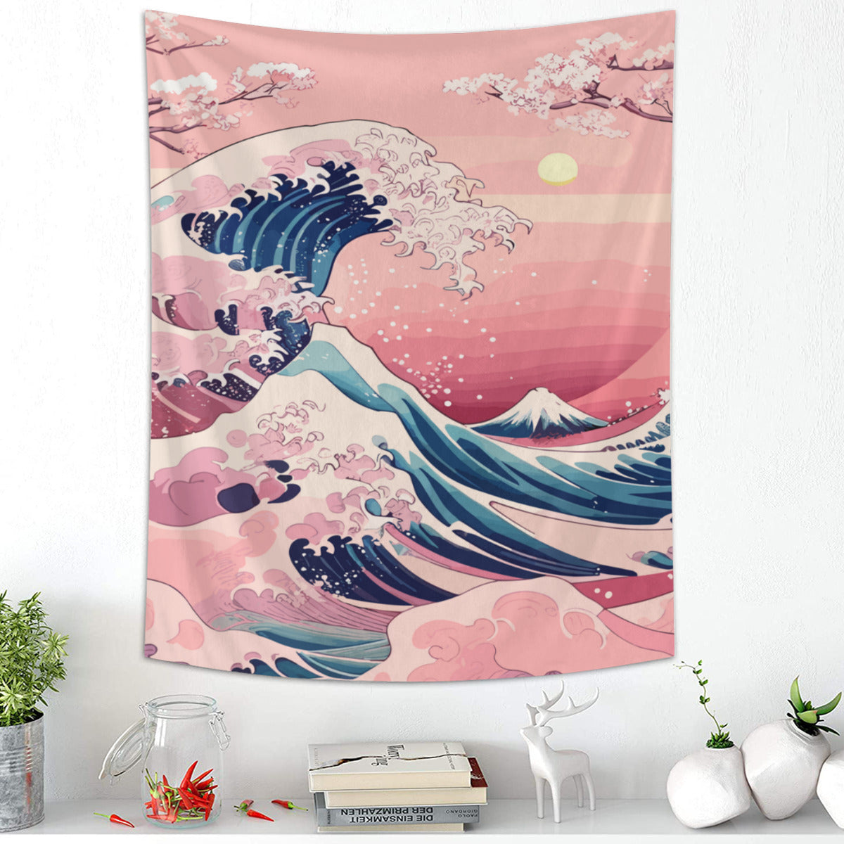 Kanagawa Wave Pink Tapestry Wall Hanging