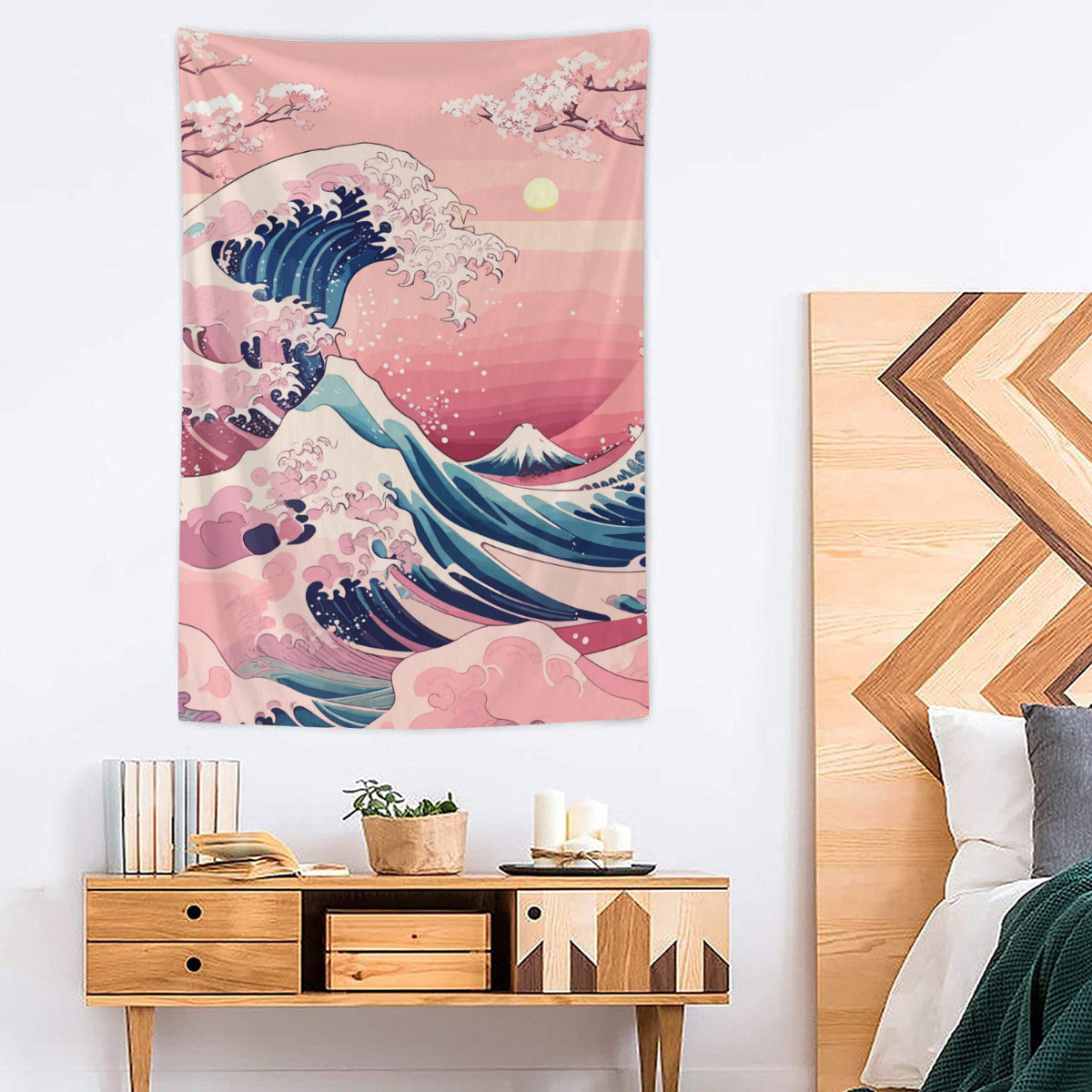 Kanagawa Wave Pink Tapestry Wall Hanging