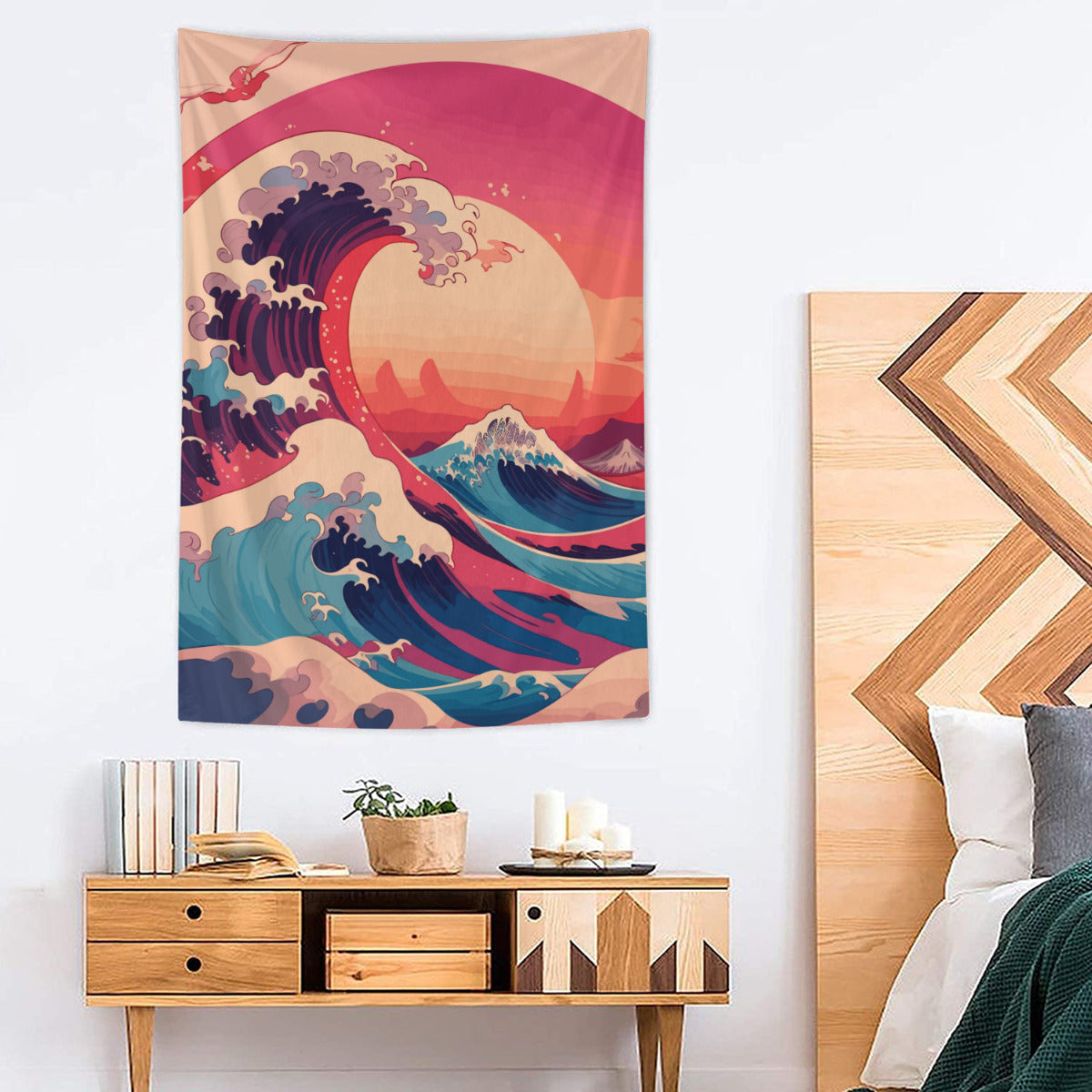 Kanagawa Wave Sunset Tapestry Wall Hanging