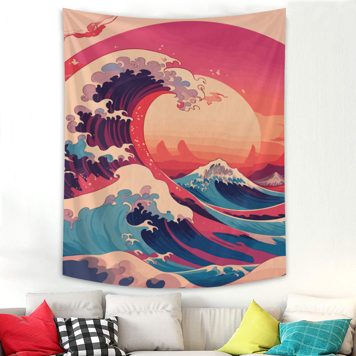 Kanagawa Wave Sunset Tapestry Wall Hanging