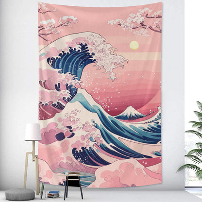 Kanagawa Wave Pink Tapestry Wall Hanging